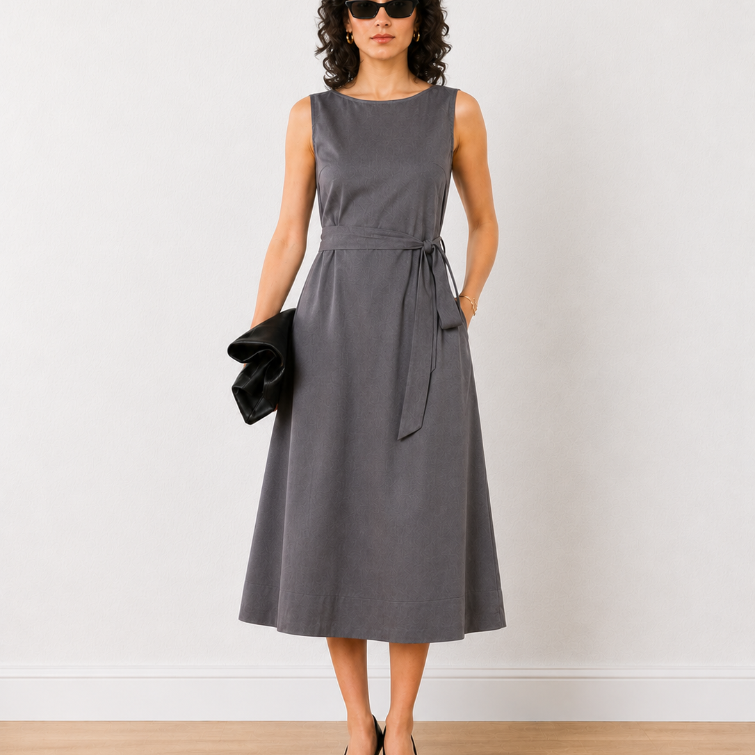 Ebba Grey Linen Formal Midi Dress
