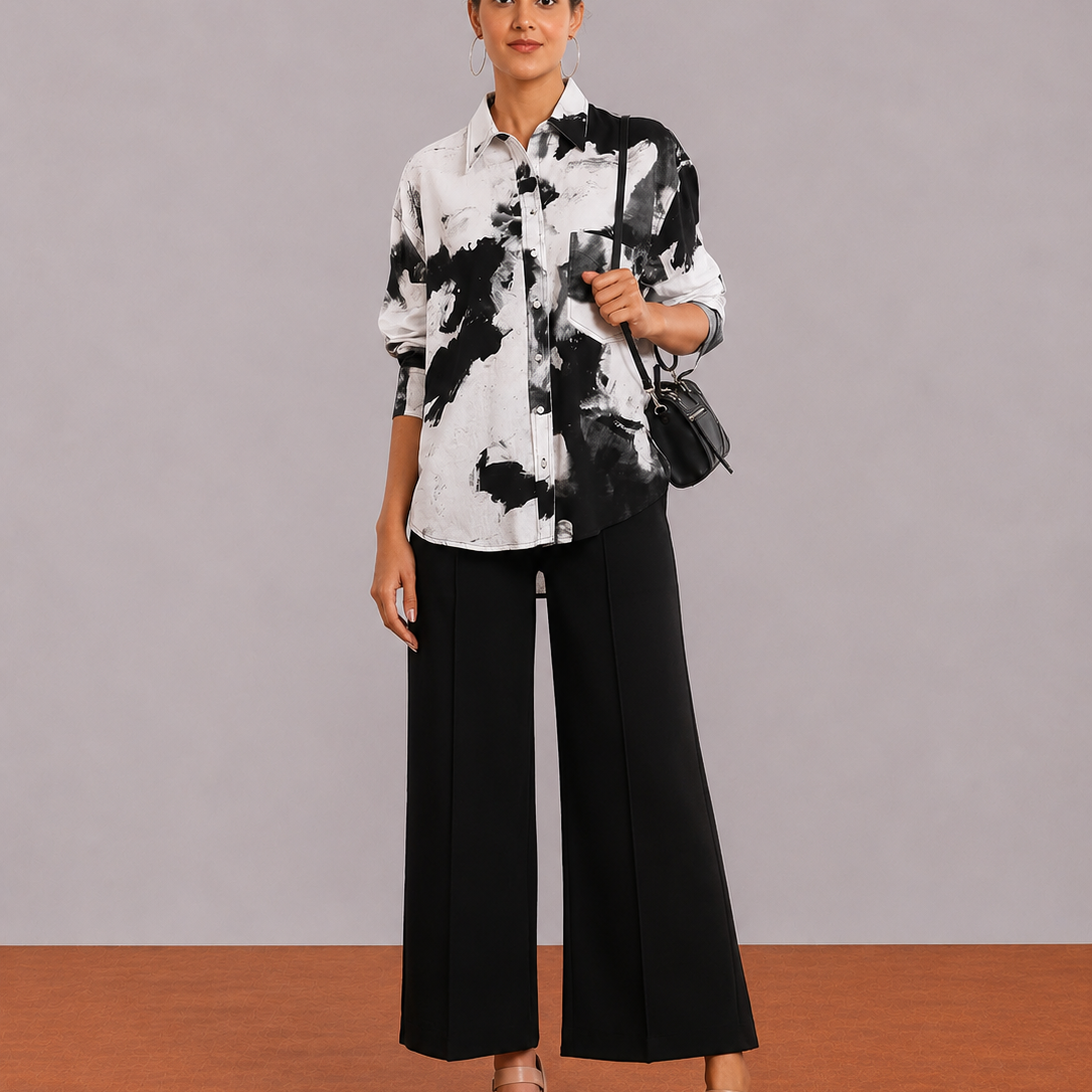 Benna Black & White Floral Print Viscose Linen Oversized Shirt