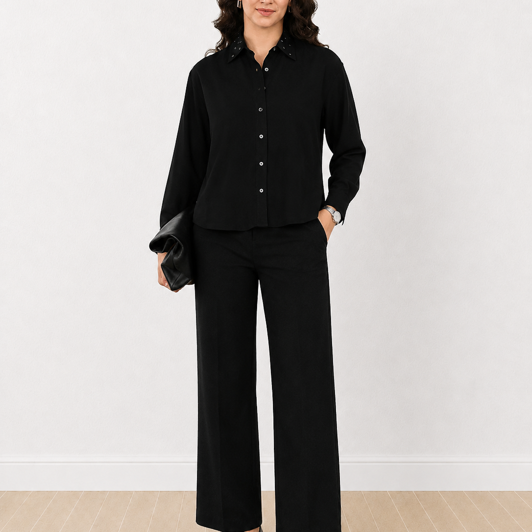 Dorothy Black Oversized Metallic Studs Viscose Shirt