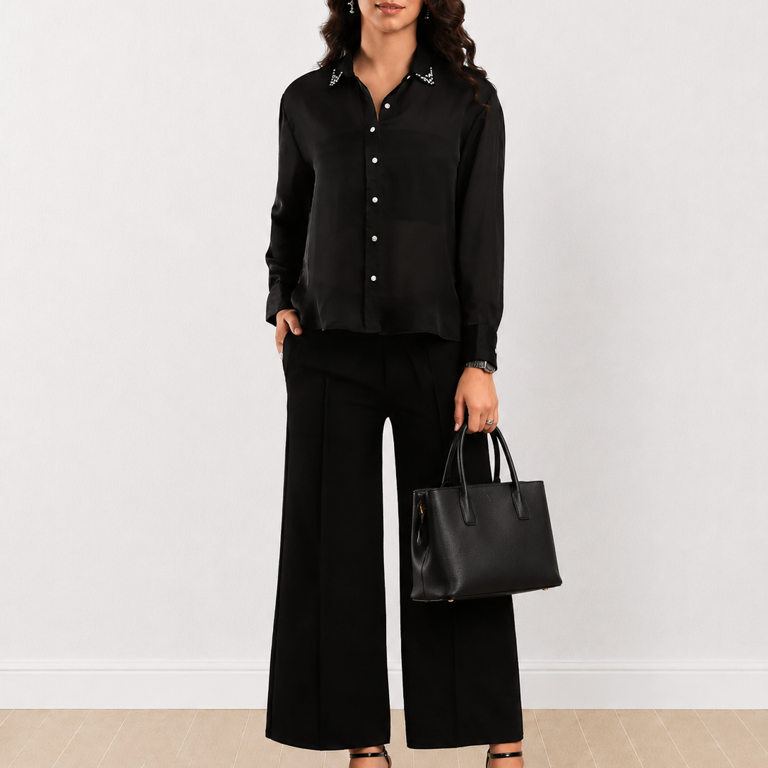 Dotty Black Chiffon Embellished Office Party Shirt