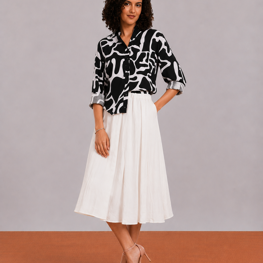 Brooke Black & White Abstract Print Viscose Linen Shirt