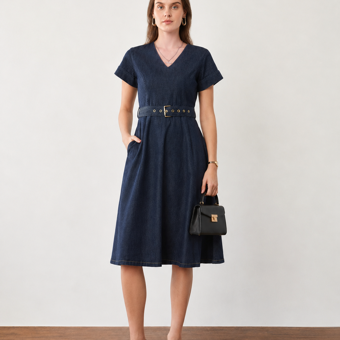 Flora Fit and Flare Formal Denim Dress