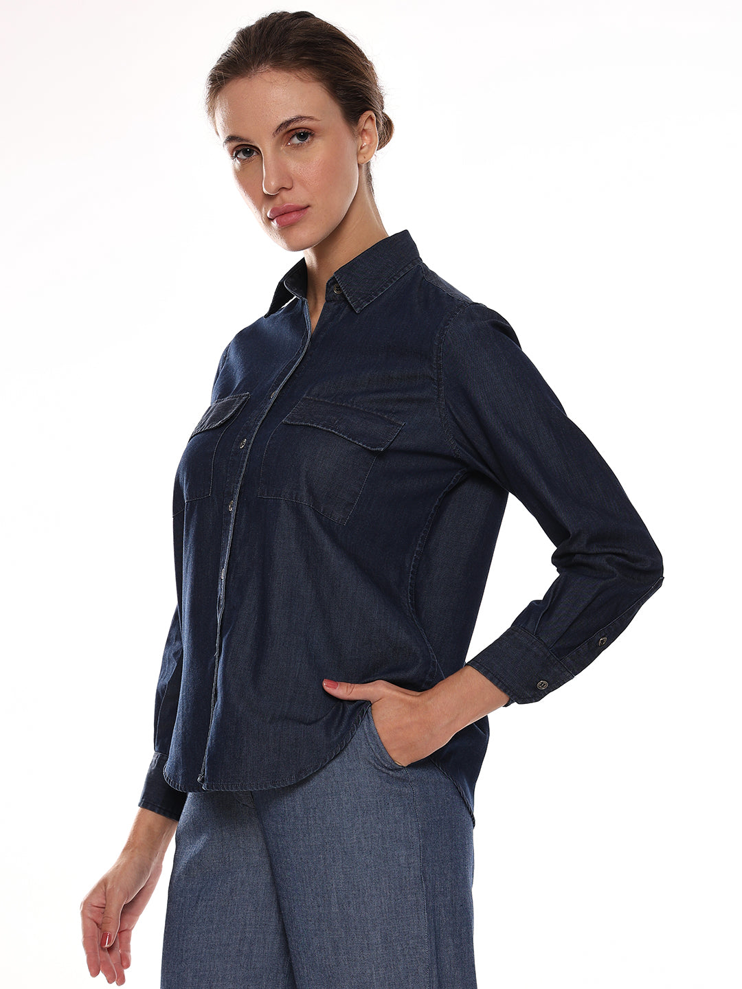 Girl wearing denim utility women's shirt from Gazillion