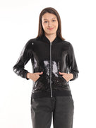 Elsie Black Sequined Cropped Bomber Jacket