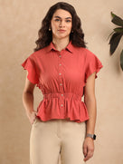 Diamond Red Flared Sleeves Peplum Shirt