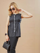 Doris Black Sleeveless Collarless Cotton Shirt