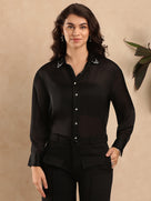 Dotty Black Chiffon Embellished Office Party Shirt