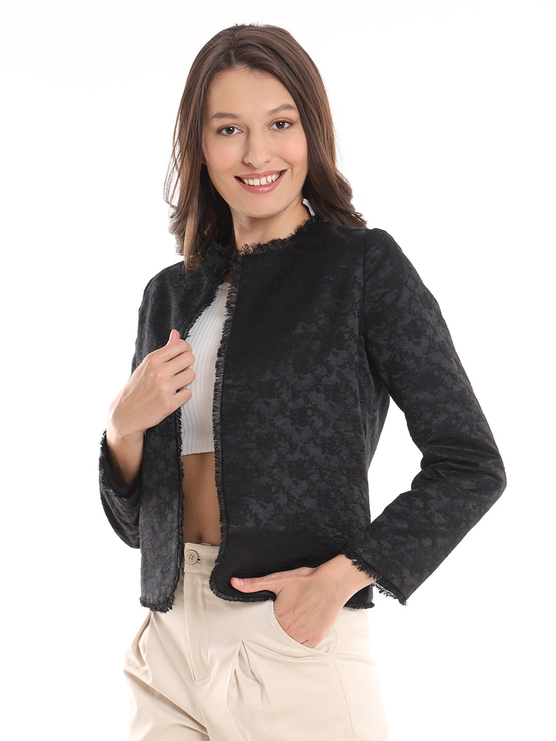 Enid Black Jacquard Collarless Cropped Jacket
