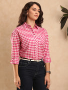 Delphina Pink Checks Cotton Oversized Shirt