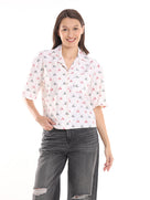 Cecelia White Printed Short Sleeves Cropped Cotton Shirt