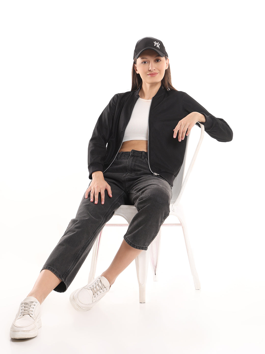Emryn Black Net Cropped Bomber Jacket