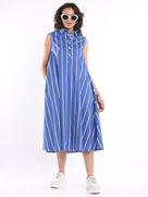 Elva Blue & White Stripes Cotton Midi Dress