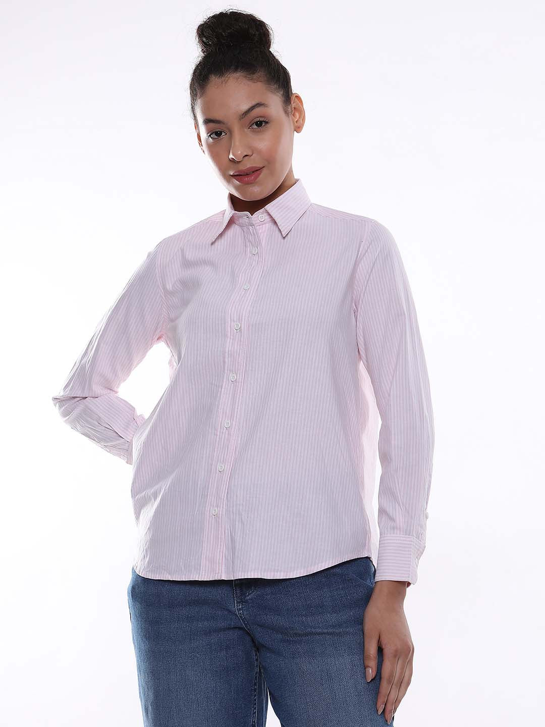 Aksa Pink & White Striped Oxford Cotton Shirt for Women - Zurich Fit from Gazillion - Front Look