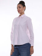 Aksa Pink & White Striped Oxford Cotton Shirt for Women - Zurich Fit from Gazillion - Left Side Look