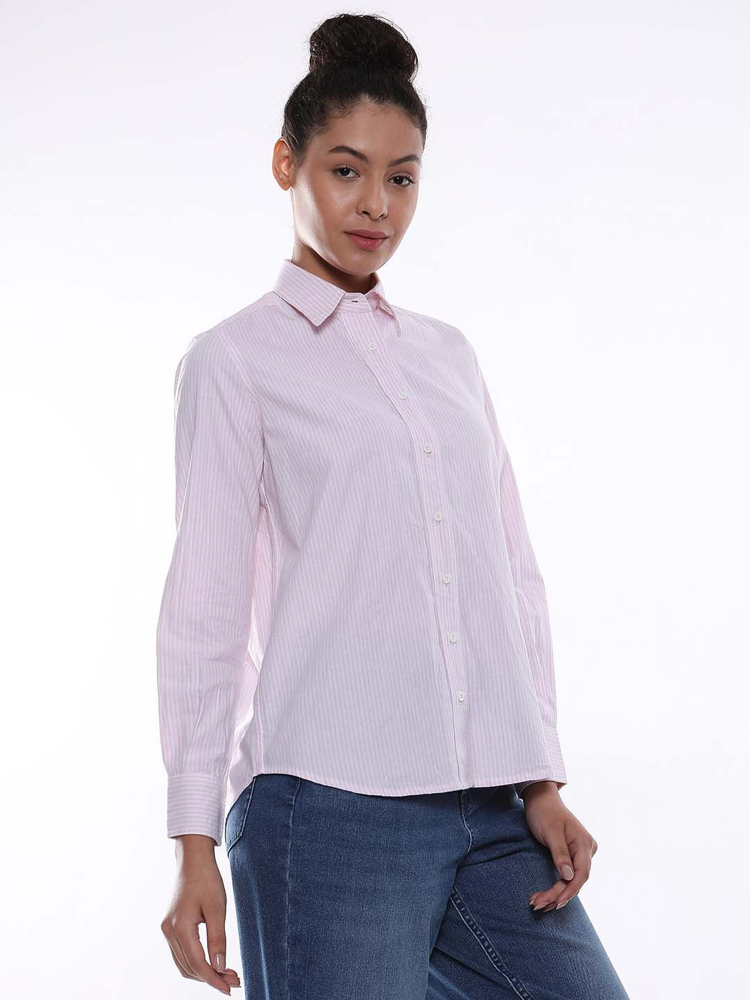 Aksa Pink & White Striped Oxford Cotton Shirt for Women - Zurich Fit from Gazillion - Right Side Look