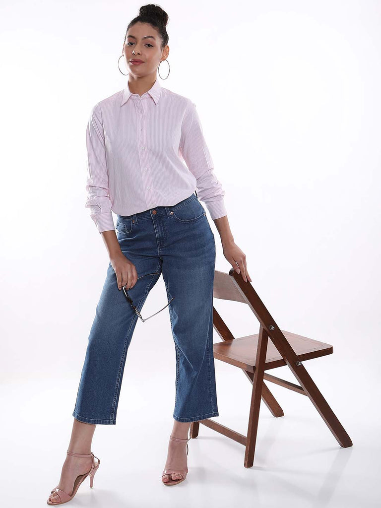 Aksa Pink & White Striped Oxford Cotton Shirt for Women - Zurich Fit from Gazillion - Standing Stylised Look With Accessories