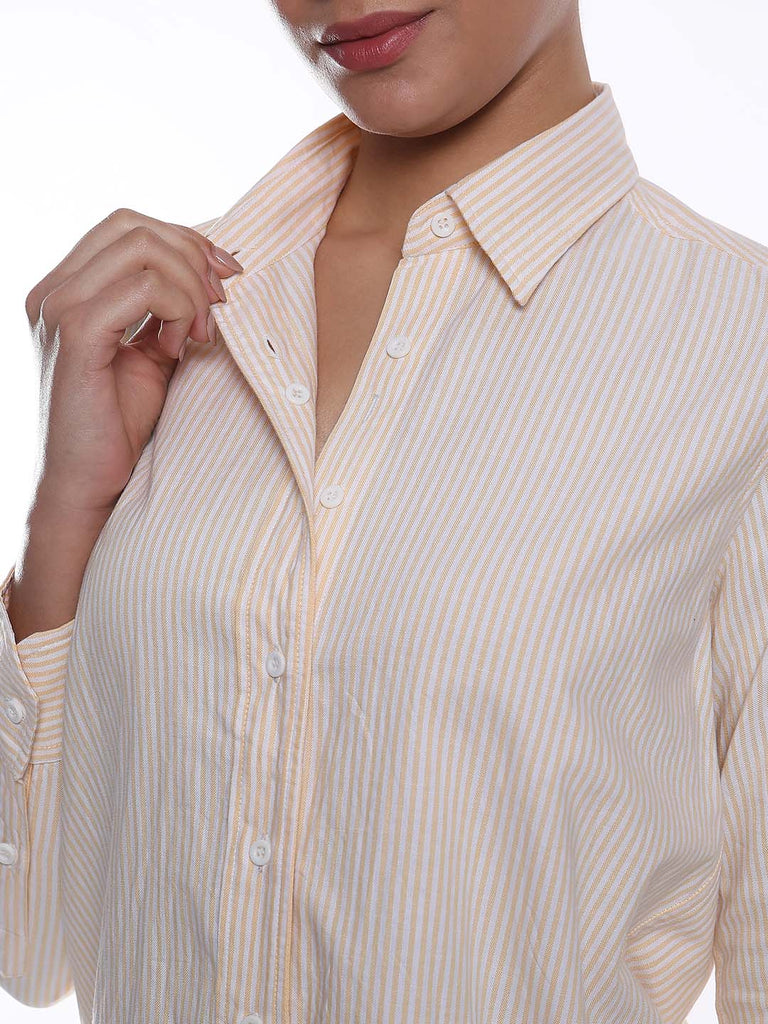 Aksa Yellow & White Striped Oxford Cotton Shirt for Women - Zurich Fit from Gazillion - Dignity Buttons Detail