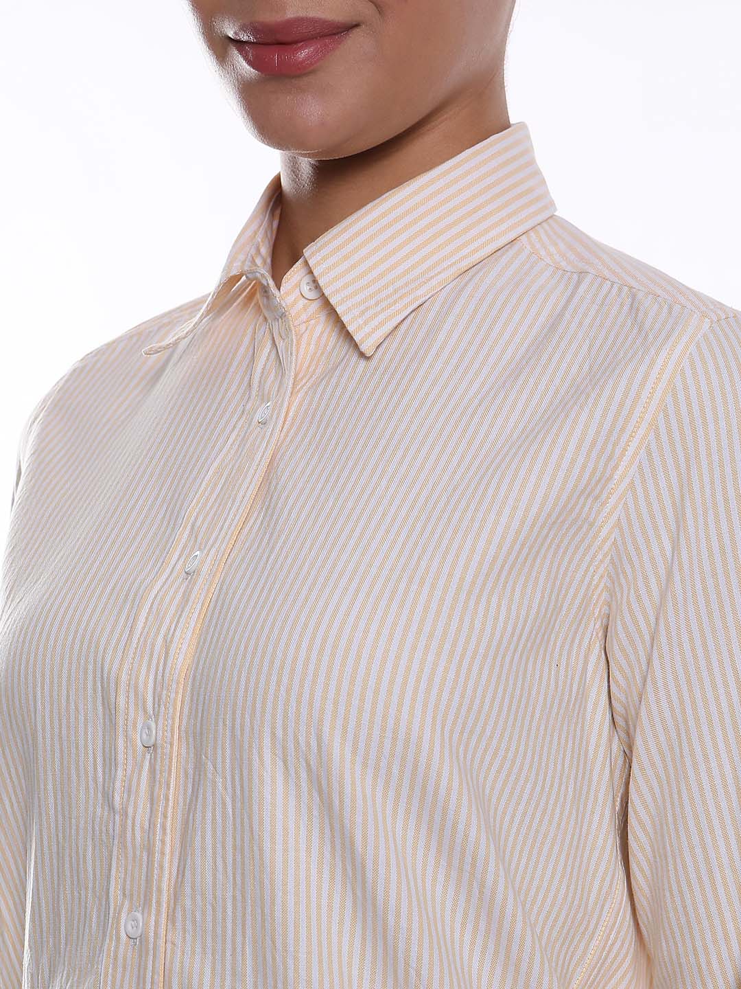 Aksa Yellow & White Striped Oxford Cotton Shirt for Women - Zurich Fit from Gazillion - Front Detail