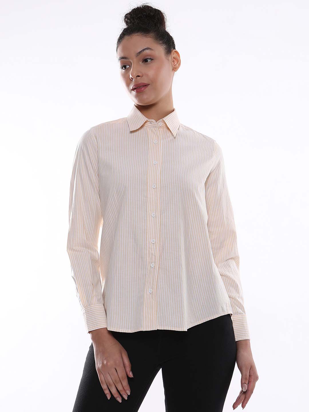 Aksa Yellow & White Striped Oxford Cotton Shirt for Women - Zurich Fit from Gazillion - Front Look