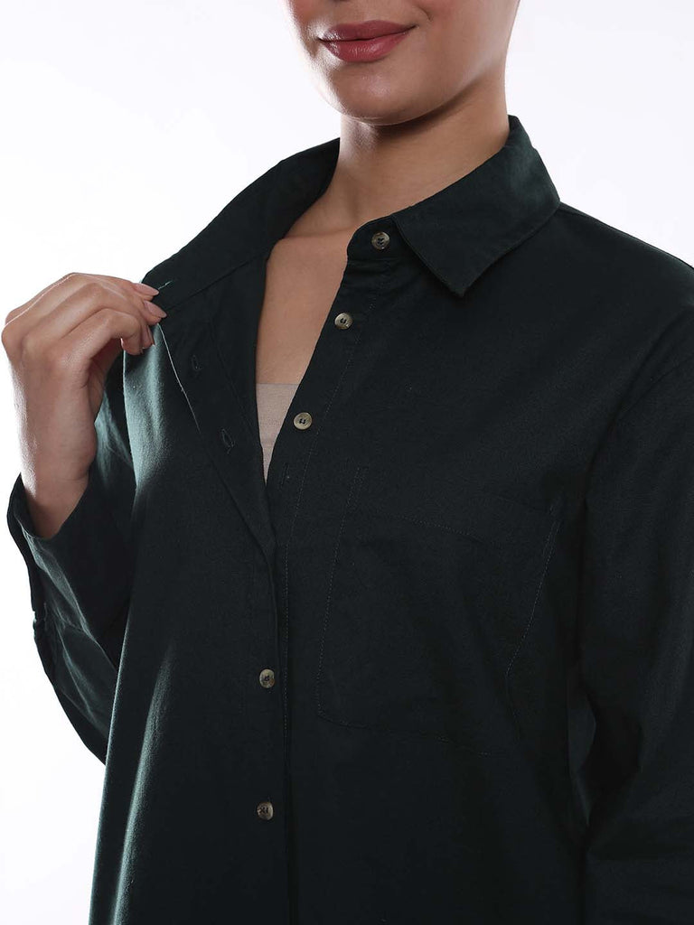 Alanis Bottle Green Cotton Oversized Shirt for Women - Copenhagen Fit from GAZILLION - Dignity Buttons Detail