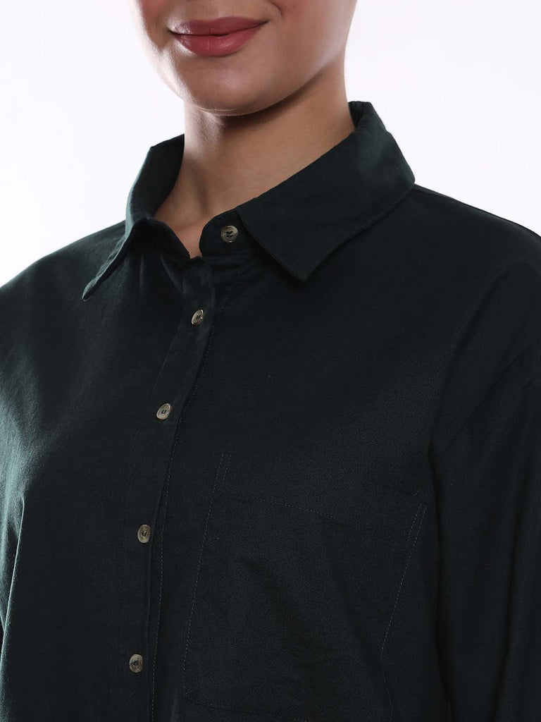 Alanis Bottle Green Cotton Oversized Shirt for Women - Copenhagen Fit from GAZILLION - Front Detail