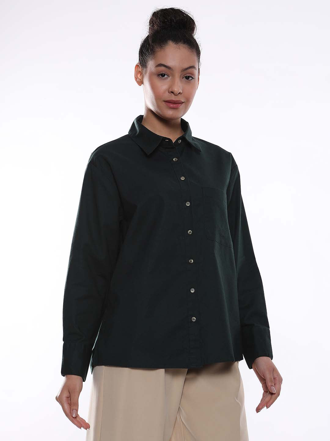 Alanis Bottle Green Cotton Oversized Shirt for Women - Copenhagen Fit from GAZILLION - Right Side Look