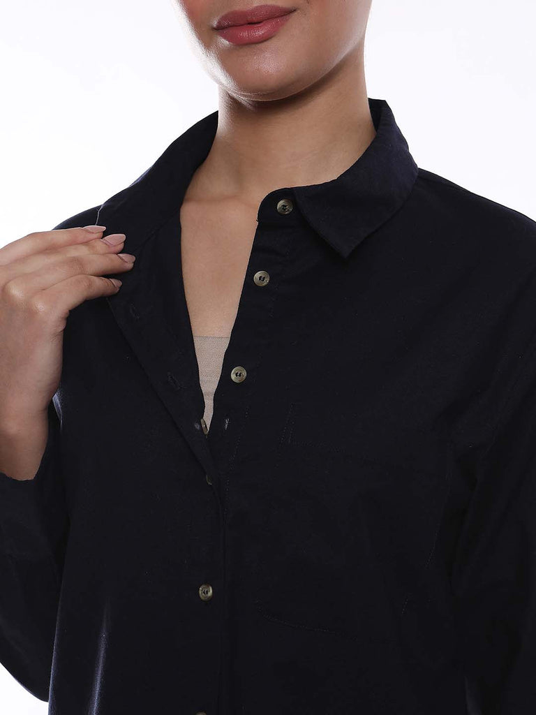 Alanis Navy Blue Cotton Oversized Shirt for Women - Copenhagen Fit from GAZILLION - Dignity Buttons Detail