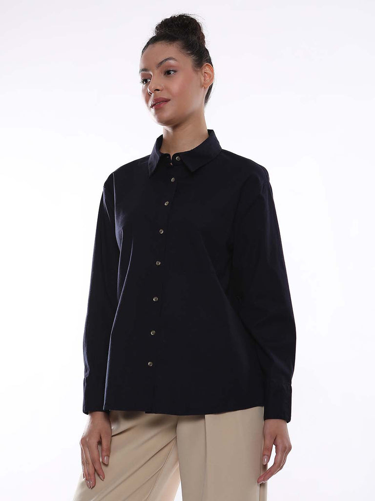 Alanis Navy Blue Cotton Oversized Shirt for Women - Copenhagen Fit from GAZILLION - Left Side Look