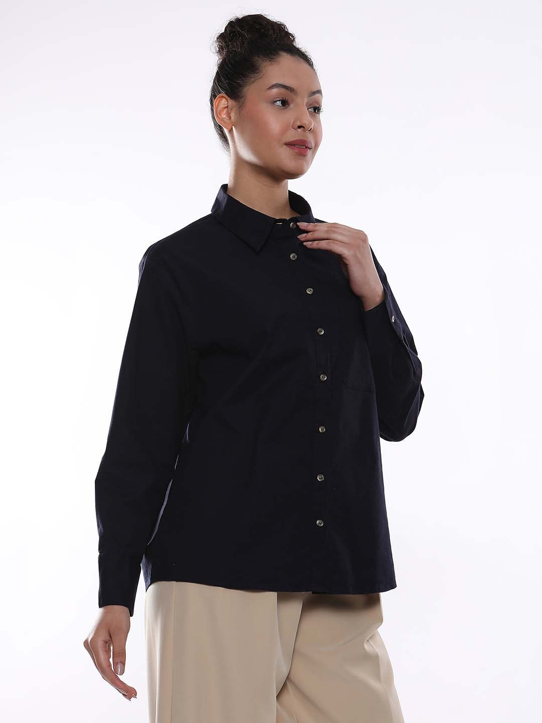 Alanis Navy Blue Cotton Oversized Shirt for Women - Copenhagen Fit from GAZILLION - Right Side Look