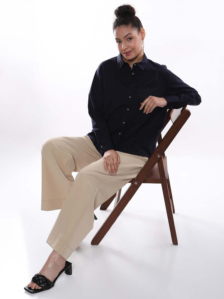 Alanis Navy Blue Cotton Oversized Shirt for Women - Copenhagen Fit from GAZILLION - Seated Stylised Look