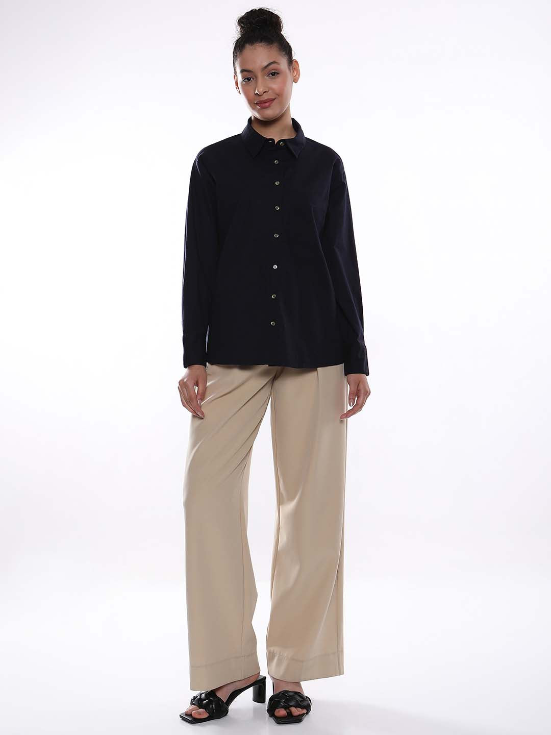 Alanis Navy Blue Cotton Oversized Shirt for Women - Copenhagen Fit from GAZILLION - Standing Stylised Look