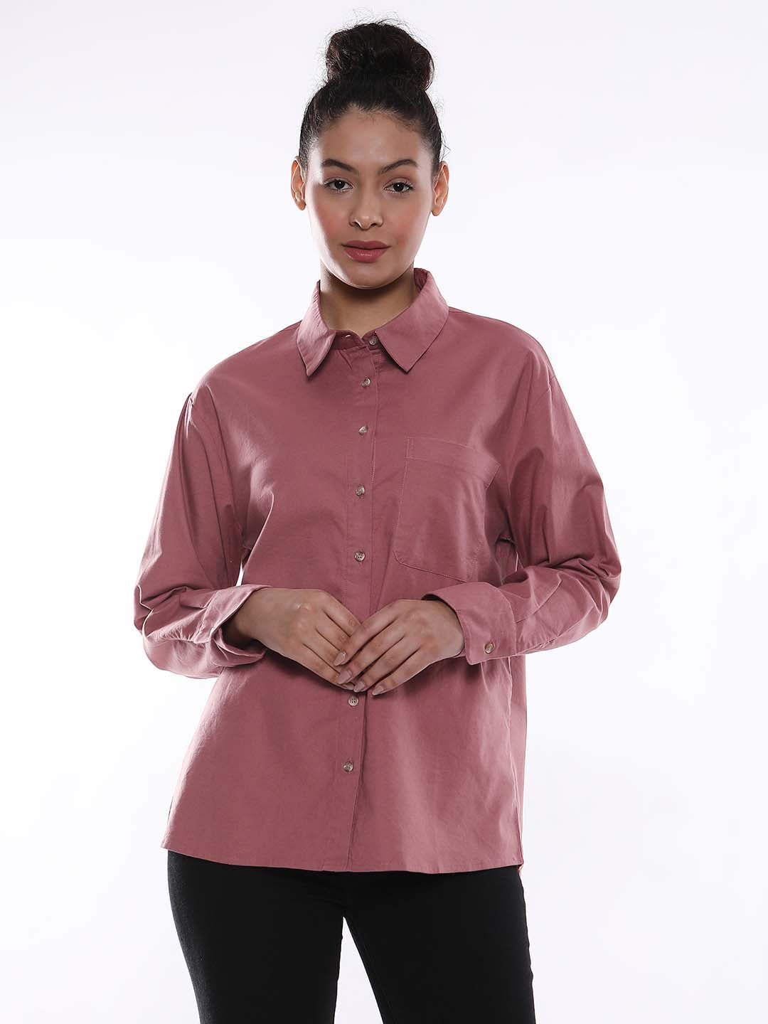 Alanis Onion Pink Cotton Oversized Shirt for Women - Copenhagen Fit from GAZILLION - Front Look