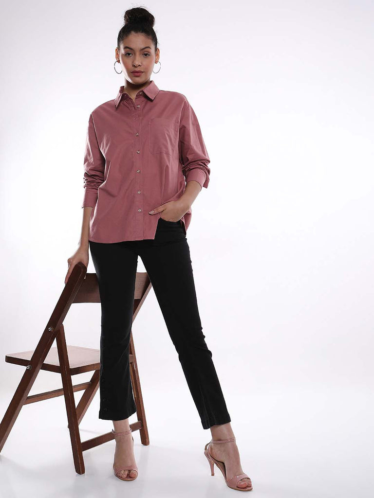 Alanis Onion Pink Cotton Oversized Shirt for Women - Copenhagen Fit from GAZILLION - Standing Stylised Look With Hand in Pocket