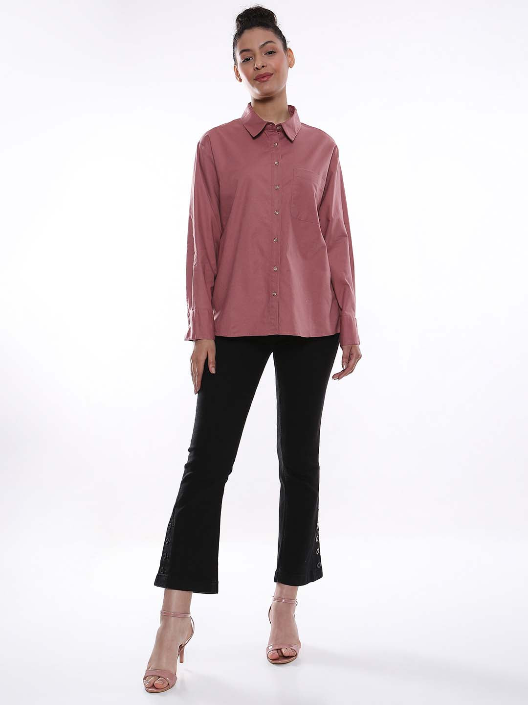 Alanis Onion Pink Cotton Oversized Shirt for Women - Copenhagen Fit from GAZILLION - Standing Stylised Look