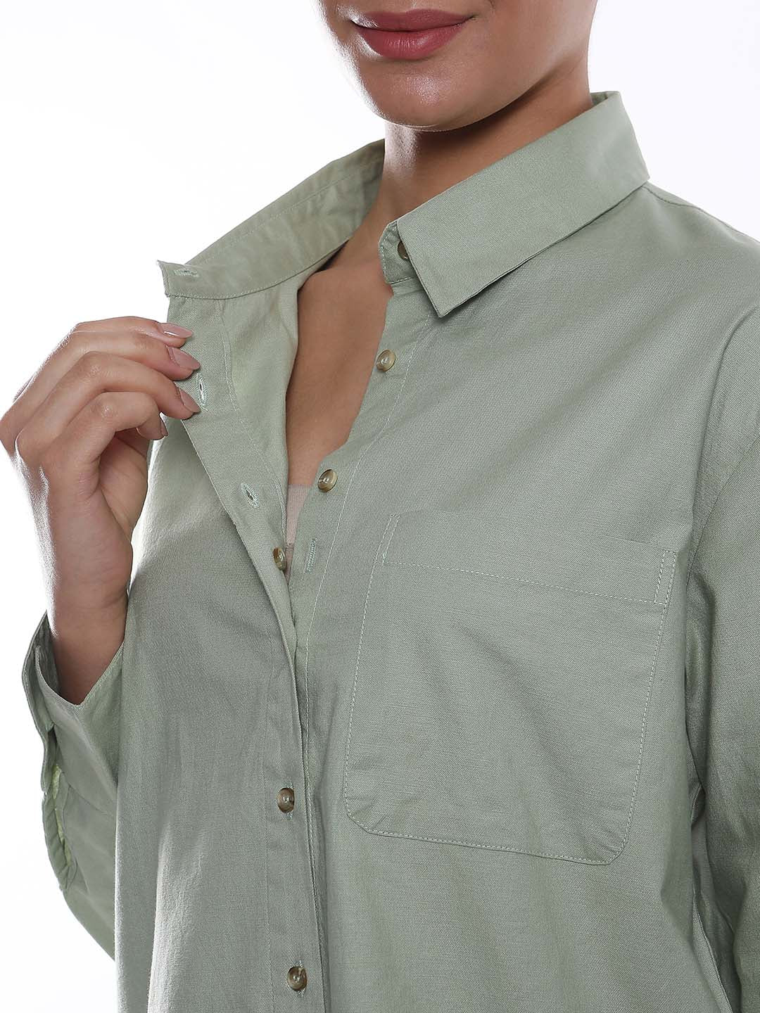 Alanis Sage Green Cotton Oversized Shirt for Women - Copenhagen Fit from GAZILLION - Dignity Buttons Detail