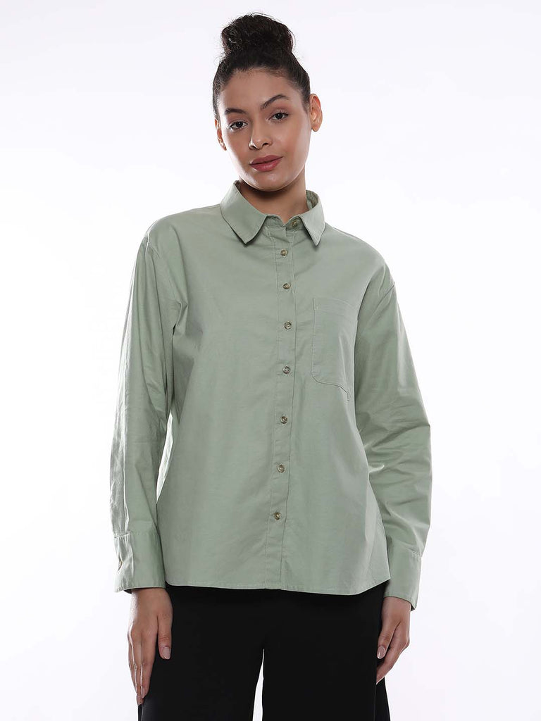 Alanis Sage Green Cotton Oversized Shirt for Women - Copenhagen Fit from GAZILLION - Front Look