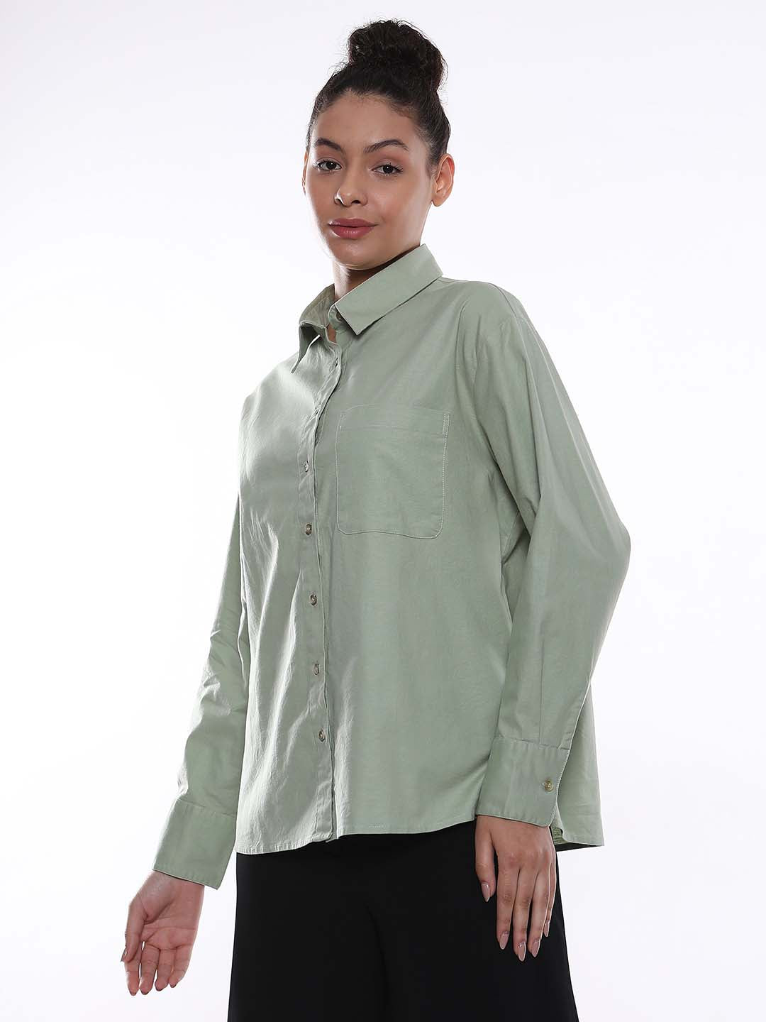 Alanis Sage Green Cotton Oversized Shirt for Women - Copenhagen Fit from GAZILLION - Left Side Look