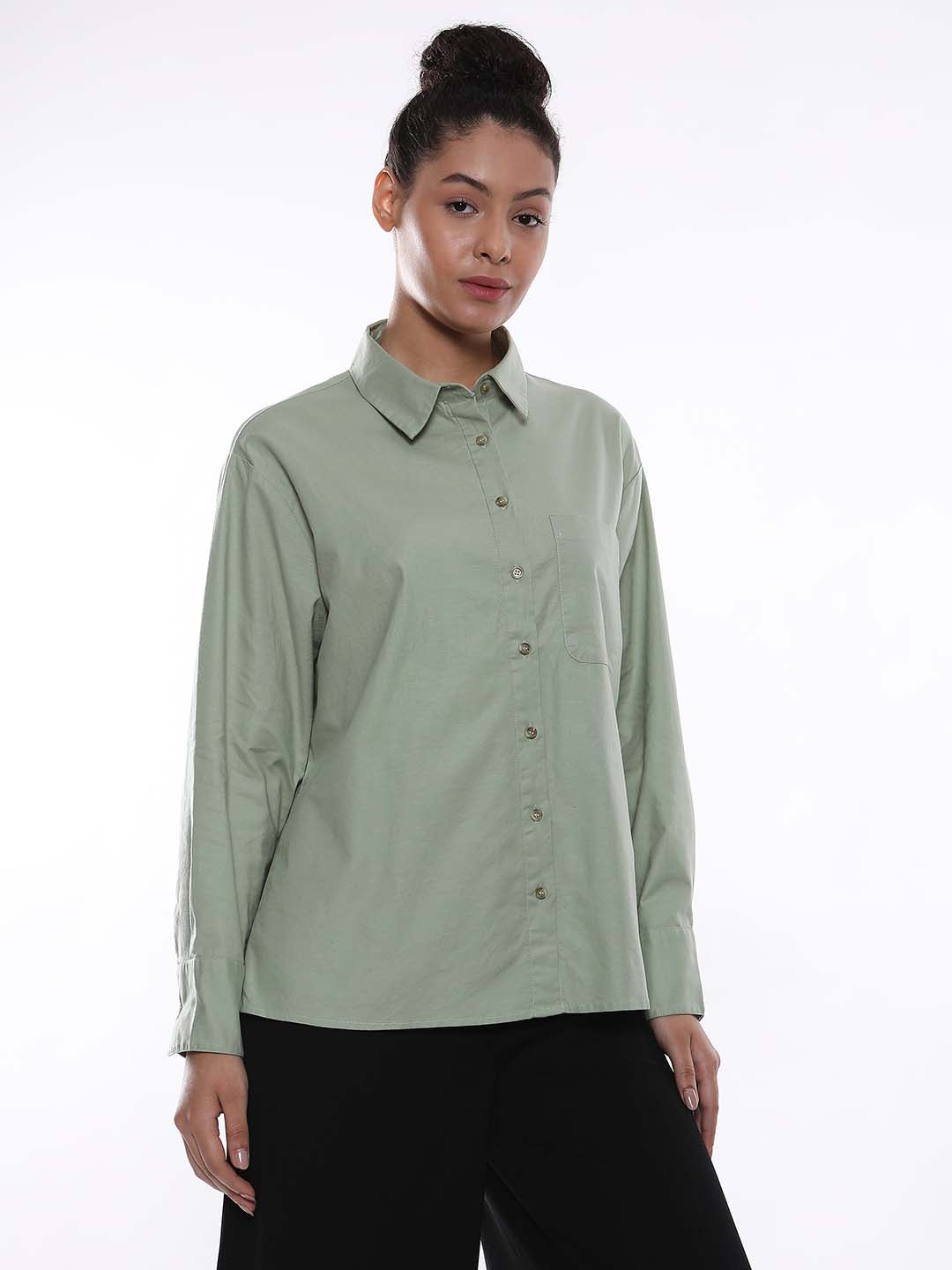 Alanis Sage Green Cotton Oversized Shirt for Women - Copenhagen Fit from GAZILLION - Right Side Look