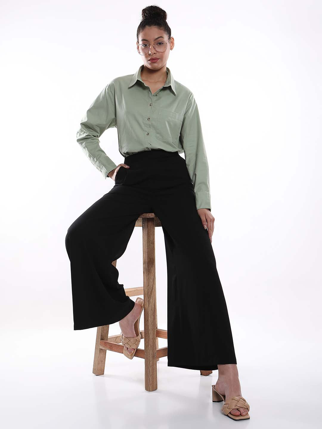 Alanis Sage Green Cotton Oversized Shirt for Women - Copenhagen Fit from GAZILLION - Seated Stylised Look