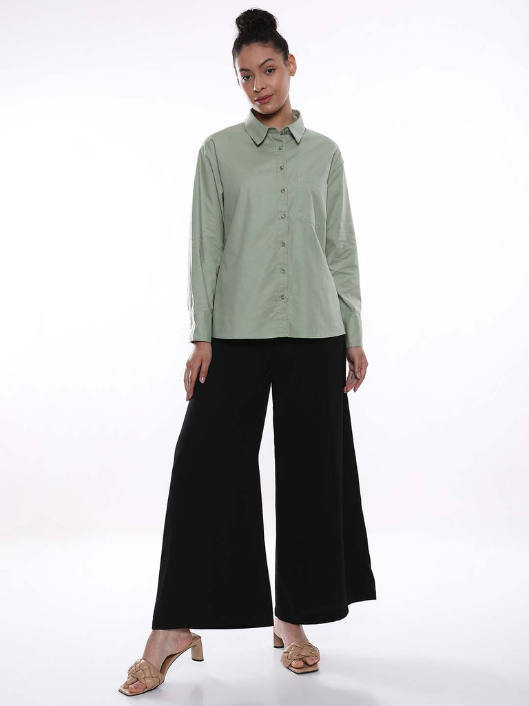 Alanis Sage Green Cotton Oversized Shirt for Women - Copenhagen Fit from GAZILLION - Standing Stylised Look