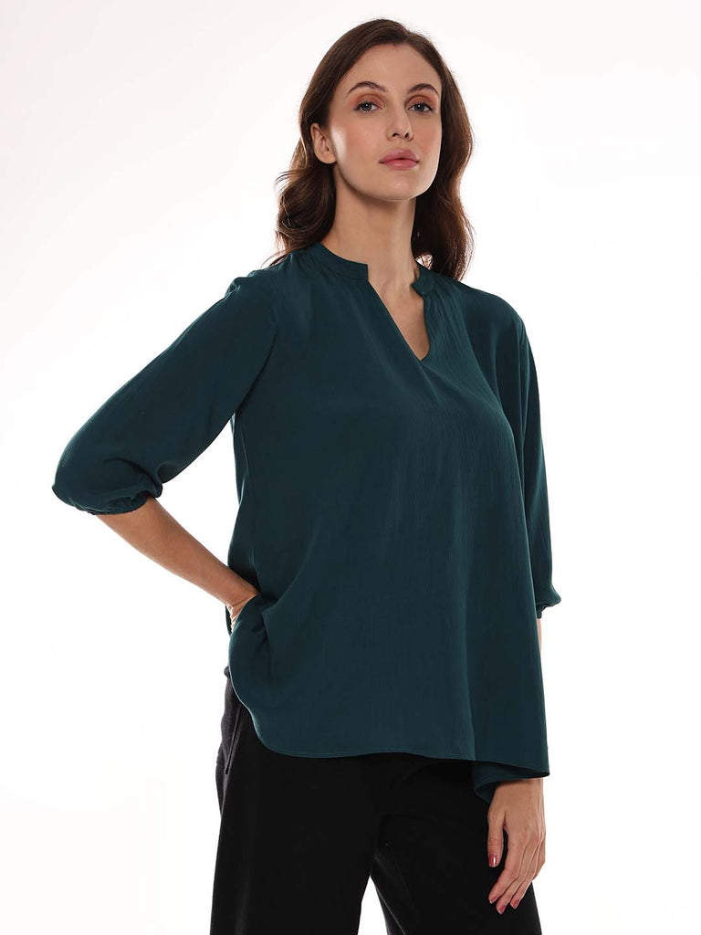 Alda Bottle Green Soft Viscose Loose Top for Women - Florence Fit from GAZILLION - Right Side Look