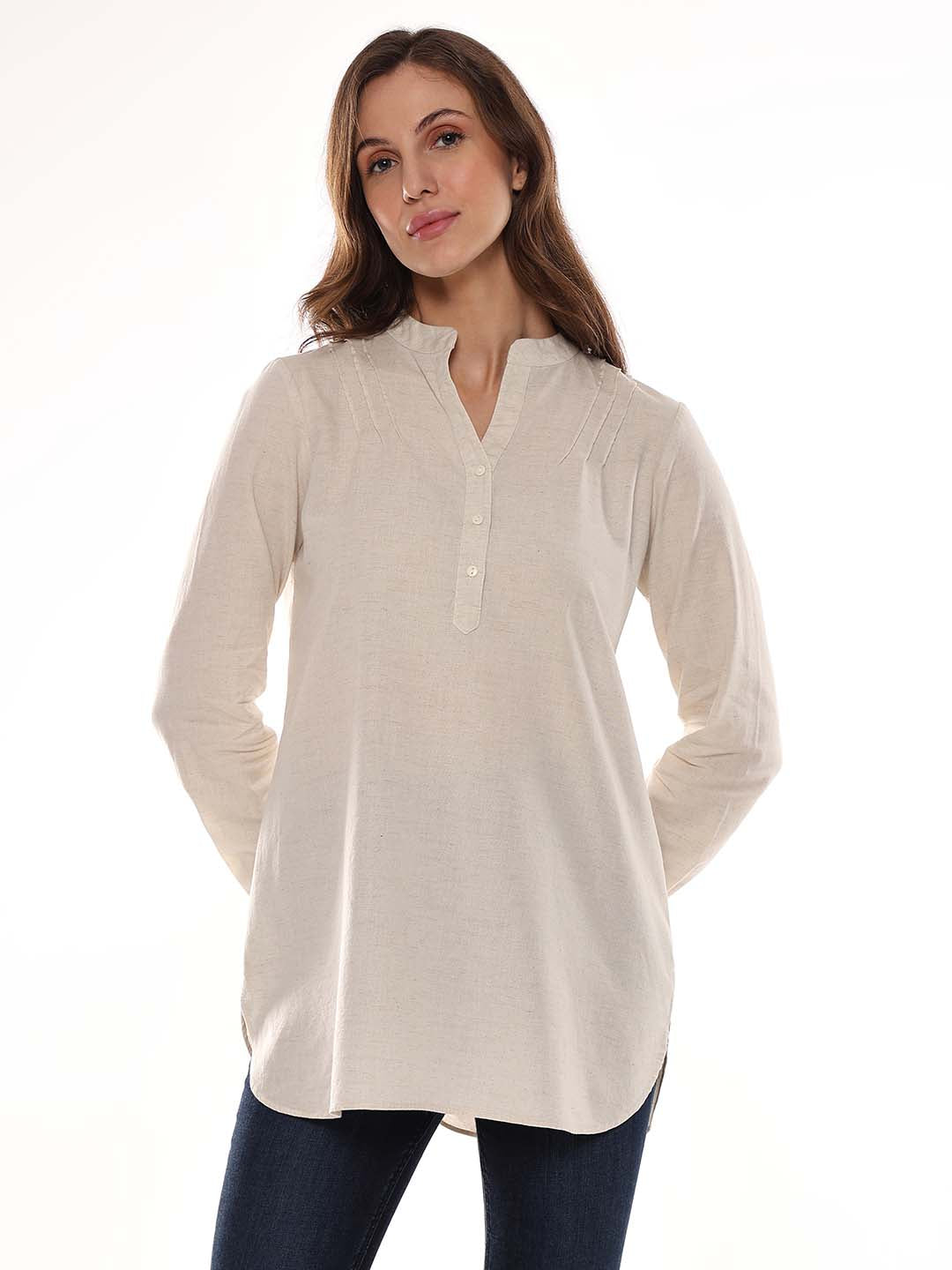 Alexa Beige Cotton-Linen Tunic Shirt for Women - Istanbul Fit from GAZILLION - Front Look