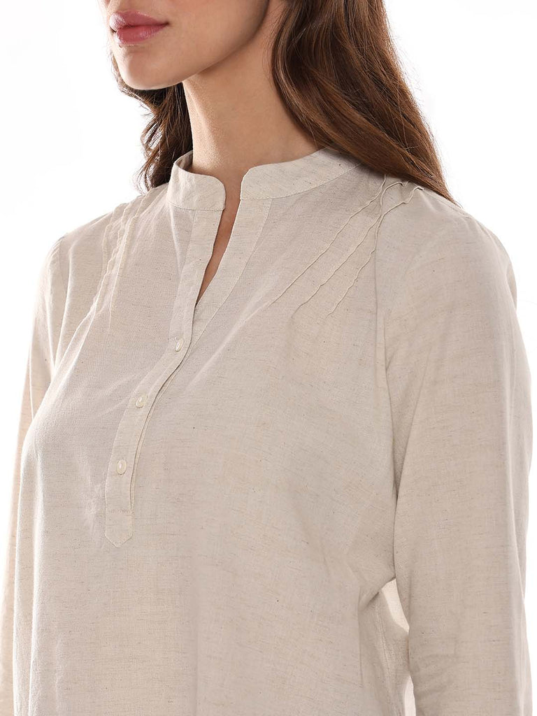 Alexa Beige Cotton-Linen Tunic Shirt for Women - Istanbul Fit from GAZILLION - Left Side Detail