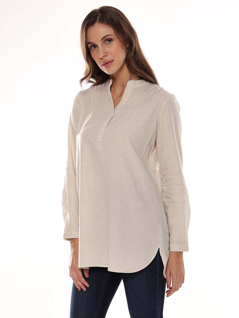 Alexa Beige Cotton-Linen Tunic Shirt for Women - Istanbul Fit from GAZILLION - Left Side Look