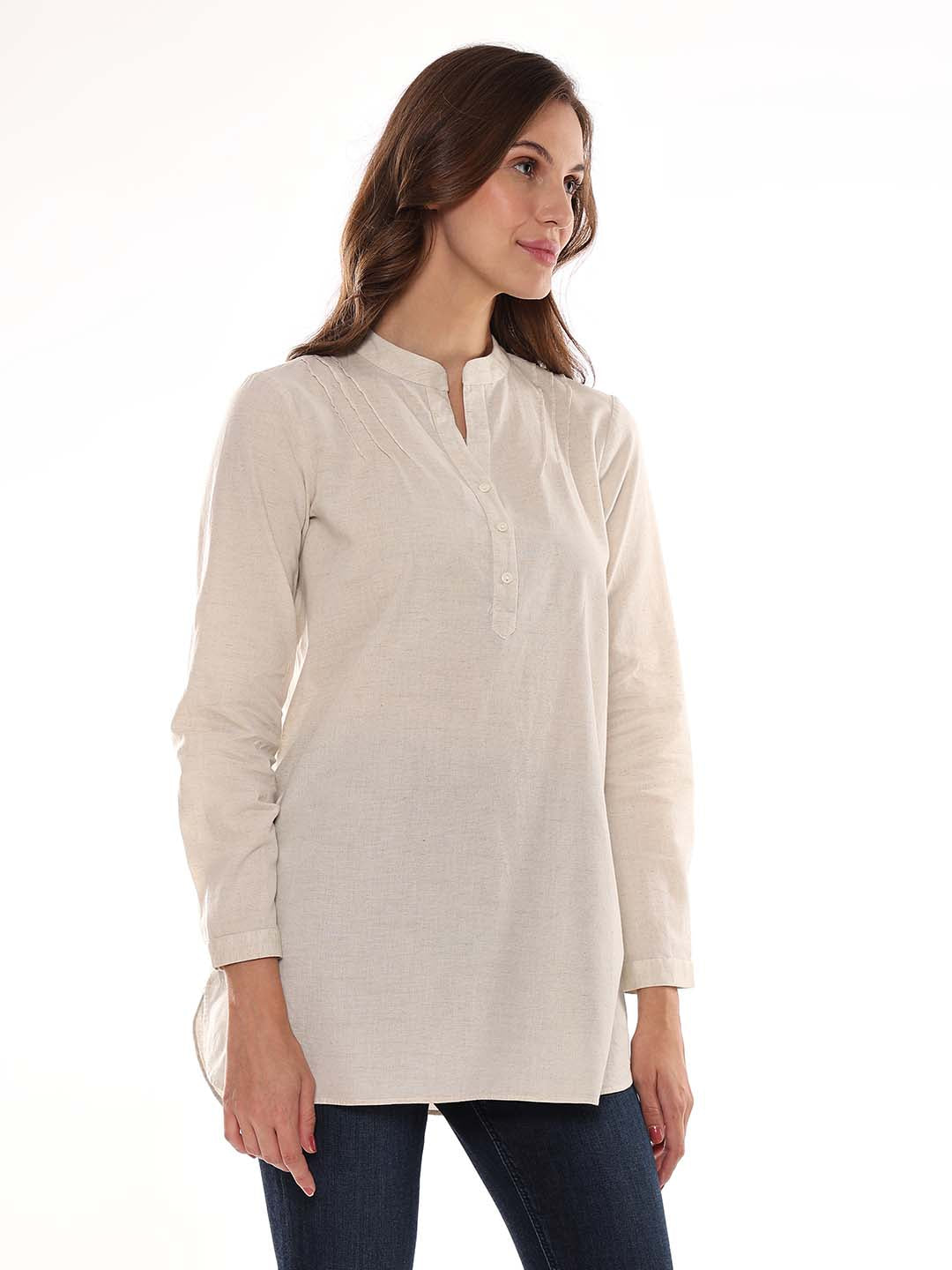 Alexa Beige Cotton-Linen Tunic Shirt for Women - Istanbul Fit from GAZILLION - Right Side Look