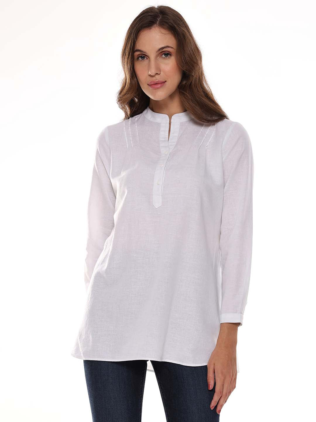 Alexa White Cotton-Linen Tunic Shirt for Women - Istanbul Fit from GAZILLION - Front Look