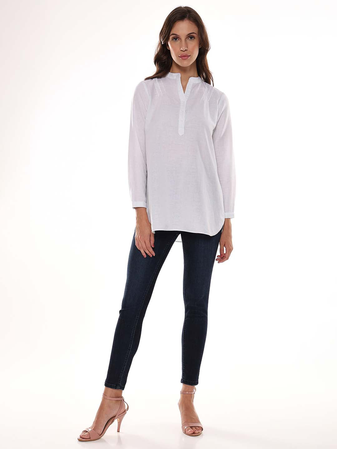 Alexa White Cotton-Linen Tunic Shirt for Women - Istanbul Fit from GAZILLION - Full Standing Stylised Look