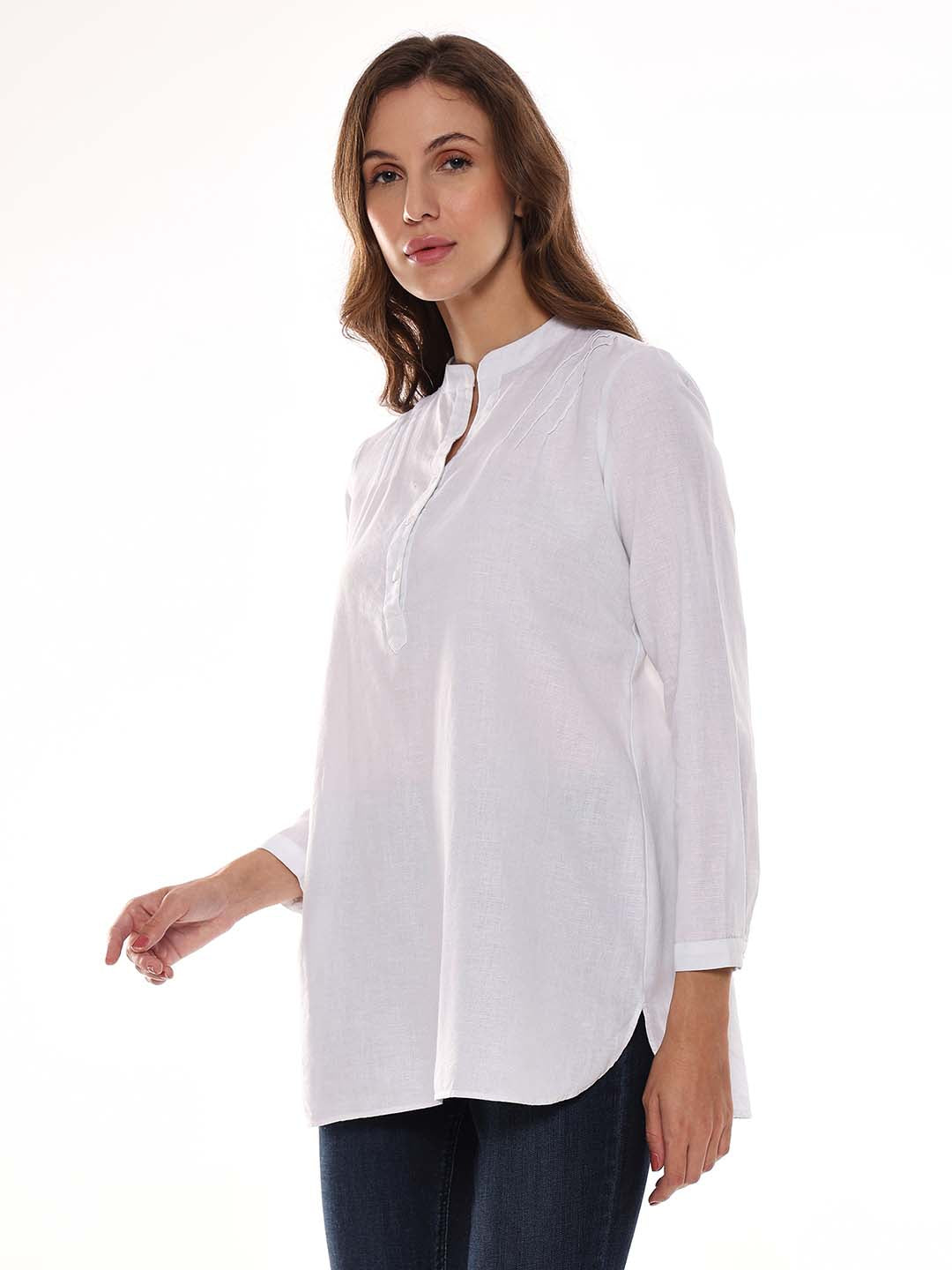 Alexa White Cotton-Linen Tunic Shirt for Women - Istanbul Fit from GAZILLION - Left Side Look