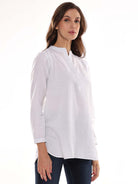 Alexa White Cotton-Linen Tunic Shirt for Women - Istanbul Fit from GAZILLION - Right Side Look