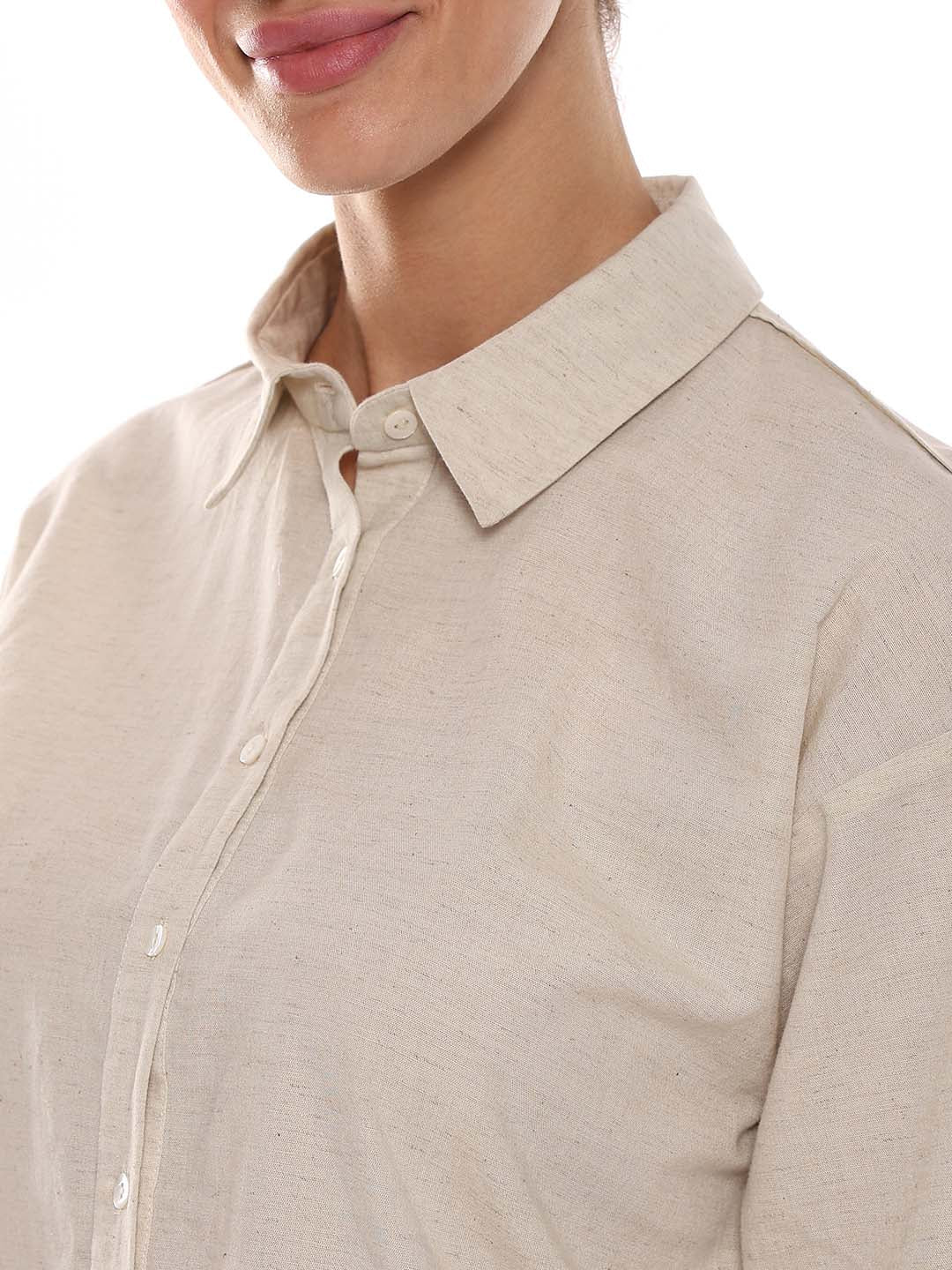 Alexis Beige Cotton-Linen Drop-Shoulder Shirt for Women - Paris Fit from GAZILLION - Front Detail